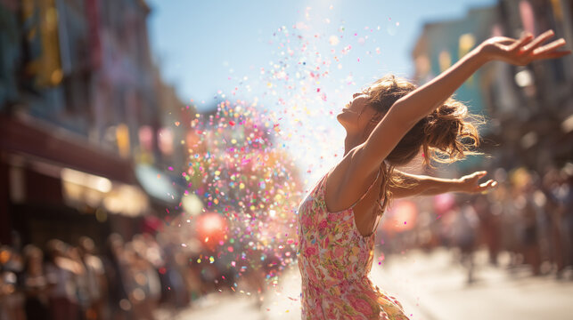 Woman dancing with colorful confetti at Festival Internazionale del Teatro di Strada event in a lively street scene