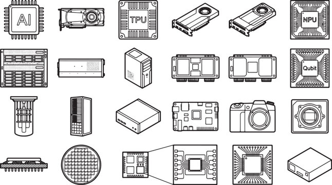 A diverse collection of high-tech computer chip icons in a simple graphic illustration. perfect for illustrating complex technology concepts.