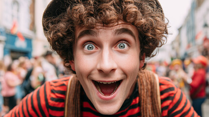 Obraz premium Man in costume excitedly looking at camera during Festival Internazionale del Teatro di Strada event in crowded street