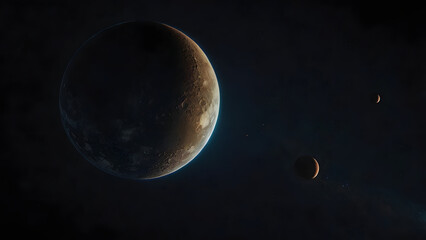 Obraz premium Mysterious Crescent Planet with Moons in Deep Space Darkness
