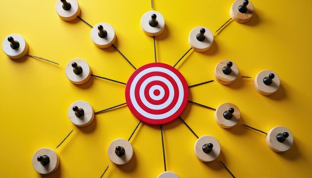 Wooden pegs connect to central bullseye target. Represents business strategy goal alignment. Group project success coordination and team communication. Hub and spoke model.