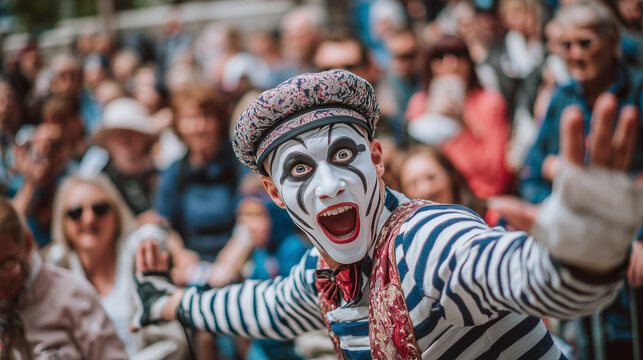 A mime performing at Festival Internazionale del Teatro di Strada in front of a crowd