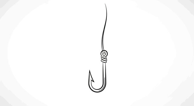 Fishing hook with line, simple sketch, isolated on white background, concept of fishing and bait