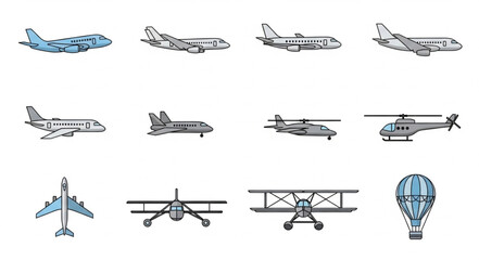 Collection of various aircraft and hot air balloon illustrations. © Joni
