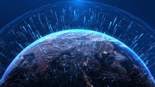 Blue wireframe earth globe global network connection, world map digital internet communication business, 3D technology Growing network connection around world. Global network, internet concept. Blue