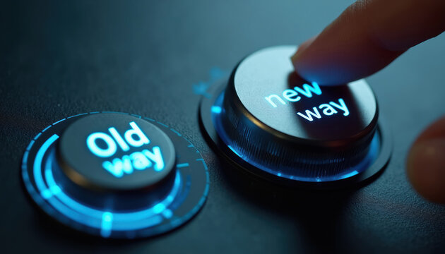 Finger presses illuminated button to switch from old way to new way. Decision making concept for progress and innovation. Choose new direction.