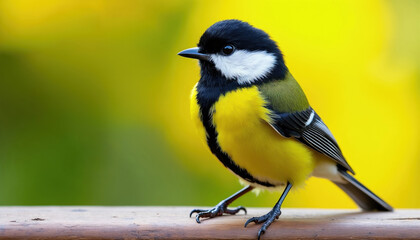 Obraz premium Great tit bird, yellow and black plumage, perches on wooden surface. Background shows bright yellow and green blur. Small songbird in detail.