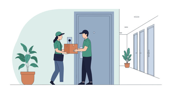 Delivery person handing package to recipient at apartment door, courier service