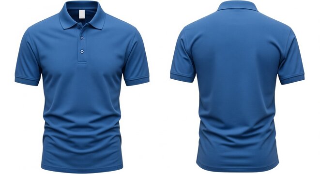Front and back view of a blue short-sleeved polo shirt with collar and buttons on isolated white background