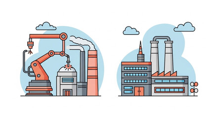 Naklejka premium Modern industrial factory with robotic arm and smokestacks.