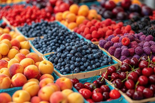 Fresh organic berries and stone fruits in baskets at farmers market