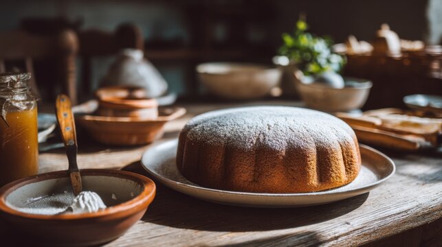 Delicious freshly baked cake resting on a rustic wooden table with a dusting of powdered sugar and various kitchen utensils in a warm, inviting atmosphere