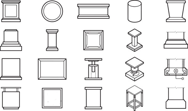 Collection of architectural illustrations featuring a variety of pedestals and supports in a simple, minimalist style. Explore different shapes and sizes.