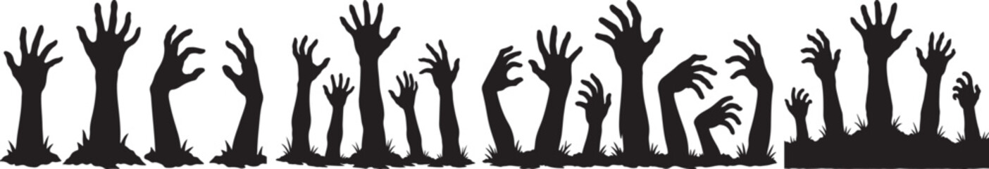 Zombie hand rising from the ground vector illustration. Spooky undead arm reaching out of the earth, Halloween horror concept © soesanto