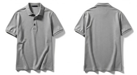 Naklejka premium Front and back view of a grey textured short-sleeved polo shirt isolated on a white background