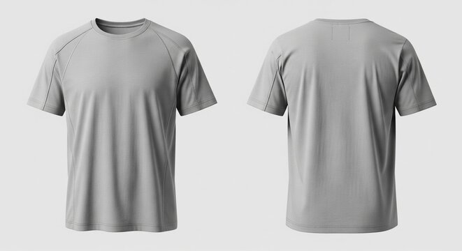 Front and back view of a grey t-shirt with raglan sleeves and contrasting seams isolated