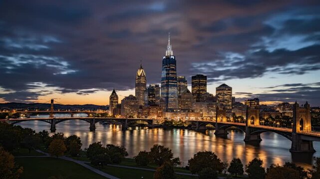 Time-lapse of Philadelphia skyline with bridges and river at sunset transitioning into nighttime with city lights glowing