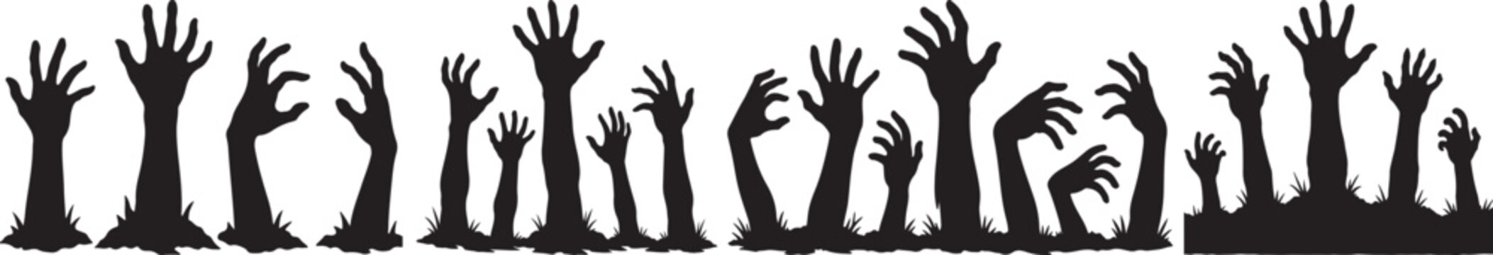 Zombie hand rising from the ground vector illustration. Spooky undead arm reaching out of the earth, Halloween horror concept