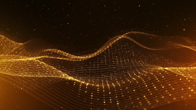 Golden Digital Wave Particle Grid Flowing Data Landscape Luxurious particles grid lines digital landscape. fintech visuals, premium technology branding, data visualization, AI elegant backgrounds.