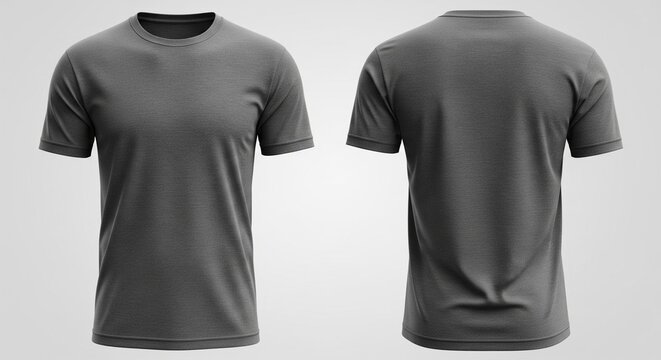 Front and back view of a grey textured crew neck t-shirt isolated on a light grey background