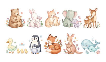 Naklejka premium Watercolor Mother & Baby Animal Clipart Set — 10 Cute Wildlife Bear Rabbit Cat Elephant Fox Nursery Illustration