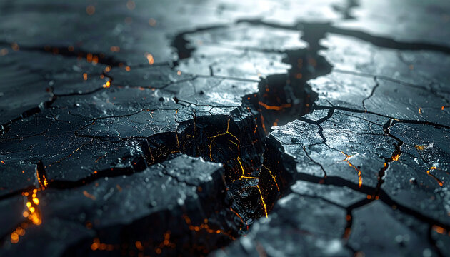 Cracked Earth's Fiery Veins: An up-close view reveals the raw power of nature as cracks in the earth's surface expose molten rock, creating a dramatic and visually arresting scene.