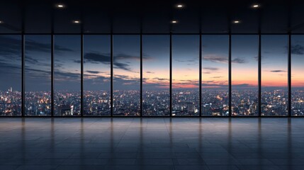 Fototapeta premium Panoramic Cityscape View From Modern Office Window at Dusk