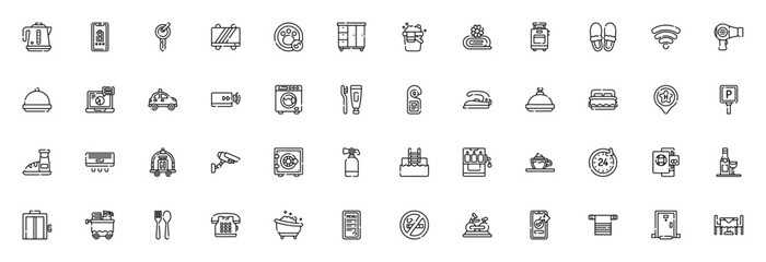 Hotel Service icon set. Vector illustration of hotel amenities and facilities. Includes symbols for kettle, key, breakfast, parking, wifi, pool, luggage, elevator and more. Editable stroke. © wang