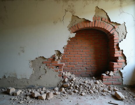 Broken wall reveals red brick archway and wooden lath. Debris scatters across floor near damaged plaster surface. House renovation or structural failure.
