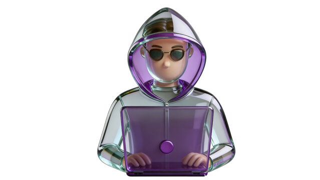 3D character of a hacker in hoodie with laptop, cyber security expert or anonymous programmer concept