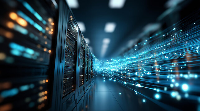 Abstract data center corridor with server racks fading into the distance and encrypted binary code drifting through a cool blue futuristic technology network