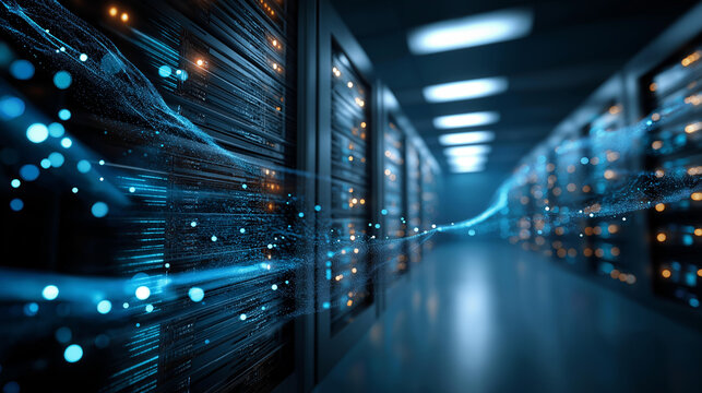 Abstract data center corridor with server racks and drifting encrypted binary code in a cool blue futuristic atmosphere
