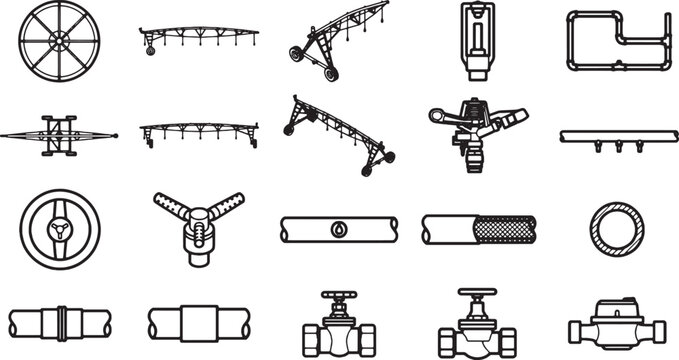Agricultural irrigation system components are meticulously arranged in a clean, graphic layout, presenting essential elements of modern farming technology.