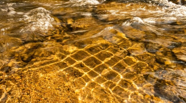 Golden sunlight refraction on shallow riverbed with geometric patterns