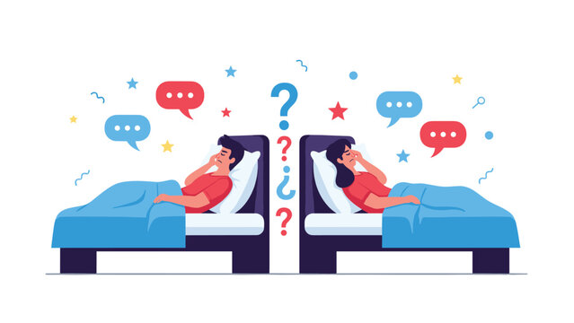 Stressed couple in separate beds facing communication problems and relationship questions during a difficult night.