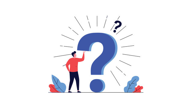 Man standing beside a large question mark while thoughtfully considering a difficult problem or life decision.