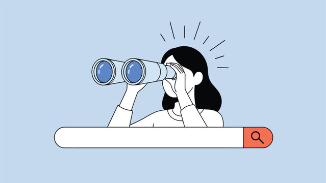 Focused woman using binoculars to search for information through a large online search bar on a blue background.