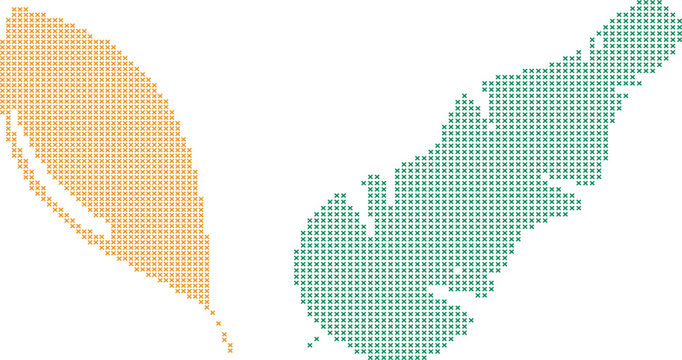 Map of California state in orange and green dots on white background
