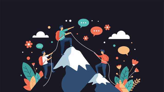 Team of explorers helping each other climb high mountain peaks using ropes and communication to reach a common goal together in the night.