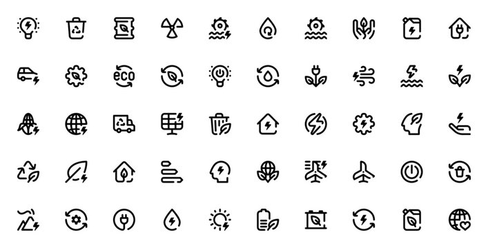 Sustainable Energy icon set. Vector illustration pack featuring light bulb, recycling, biofuel, nuclear, solar, wind, hydro power, ecology, electric car and more.