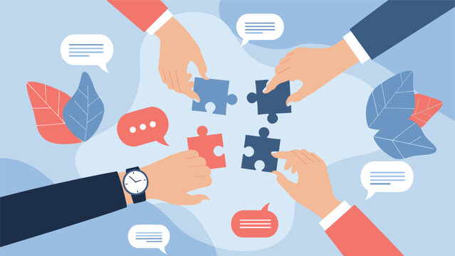 Close up of diverse hands assembling four jigsaw puzzle pieces over a blue background with speech bubbles and leaves representing teamwork.