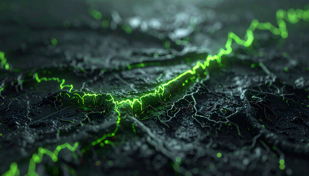 Luminous Energy Path: A dynamic digital rendering showcases an electric green energy path winding its way across a dark, textured landscape, pulsating with vibrant life. 