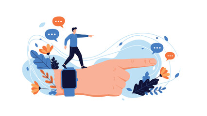 Obraz premium Small man walks along a massive pointing finger towards a goal representing following leadership and finding the right direction.