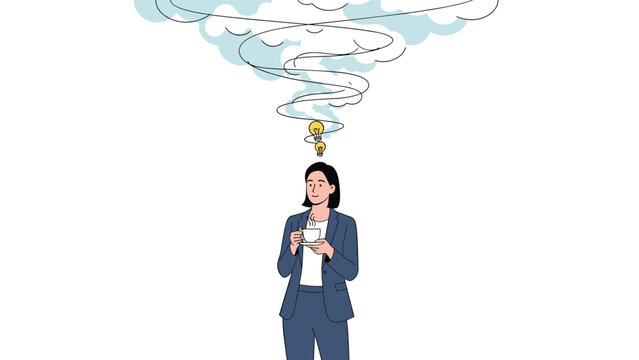 Professional woman holding a coffee cup while ideas and lightbulbs float in a smoke cloud above her head.