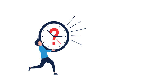 Busy man running and carrying a large clock with a red question mark on its face for time management issues.
