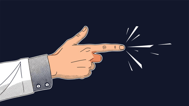 Hand gesture in the shape of a gun points towards a bright flash of light to signify focus and the power of a quick and precise decision.