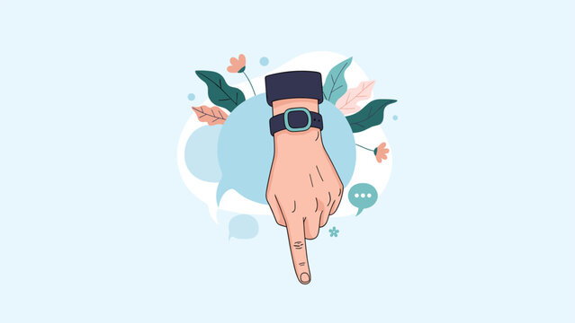 Hand wearing a smart watch points a finger directly downwards against a light blue background to draw attention to a specific location.