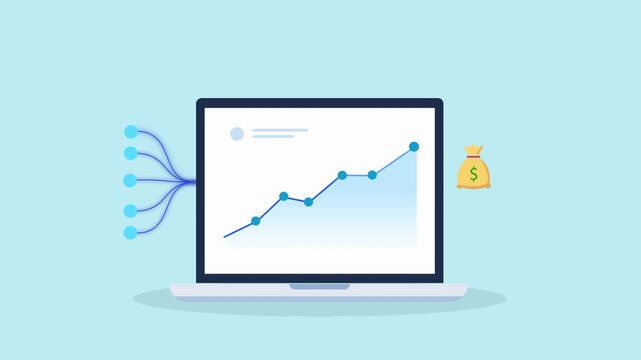 Animated business analytics dashboard on a laptop showing growth with a money bag icon, representing profit increase, revenue growth, financial success, and data-driven performance.