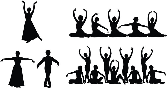 Ballet dancer silhouettes group elegant dance poses classical performance figures black vector illustration set
