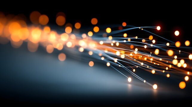 Fiber optics technology, digital communication benefits. Bright glowing strands of fiber optic cables in motion.